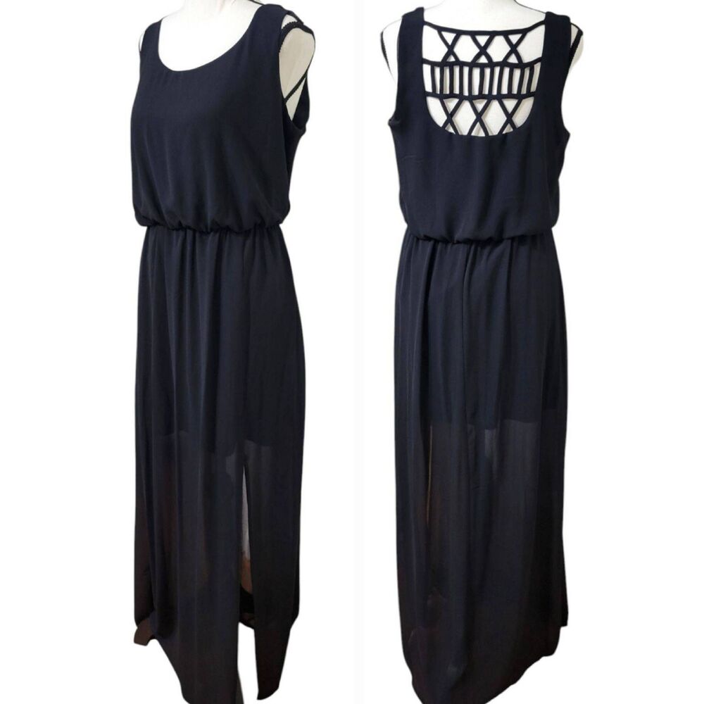 Three Hearts Sz M Black Maxi Dress, Side Slit, Cutout Back, Sheer Layered